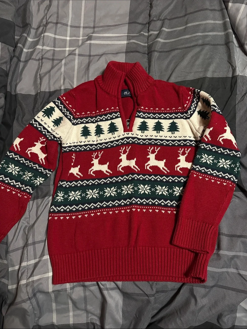 Kids Christmas  Red Reindeer Fair Isle Half-Zip Sweater